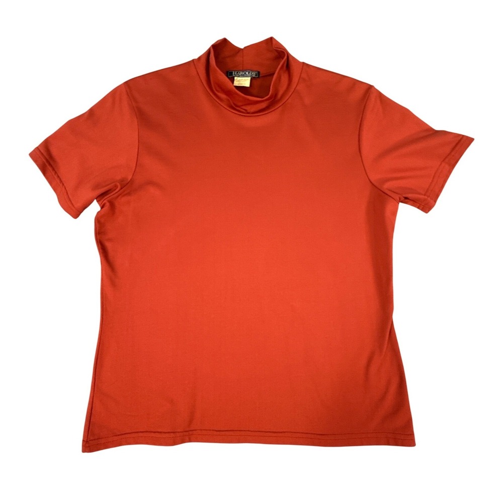 Harolds Vintage Mock Neck Top Womens Med Burnt Orange Short Sleeve USA 90s Y2K